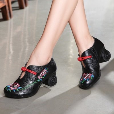 Embroidered Leather Pumps with Non-Slip Scroll Heel - Ideal Place Market