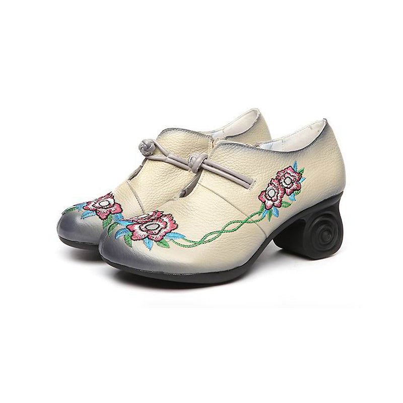 Embroidered Leather Pumps with Non-Slip Scroll Heel - Ideal Place Market