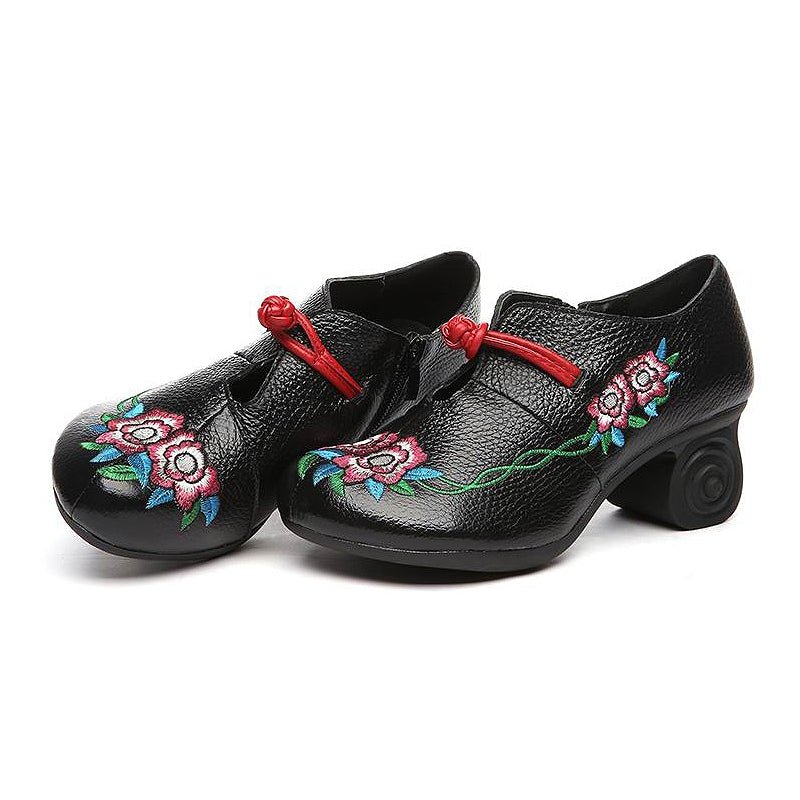 Embroidered Leather Pumps with Non-Slip Scroll Heel - Ideal Place Market