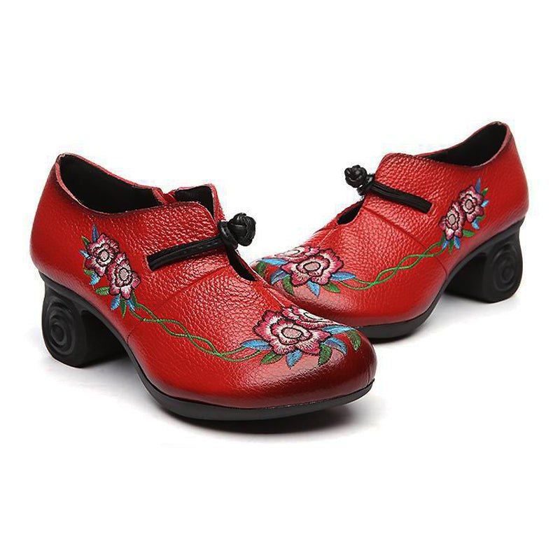 Embroidered Leather Pumps with Non-Slip Scroll Heel - Ideal Place Market