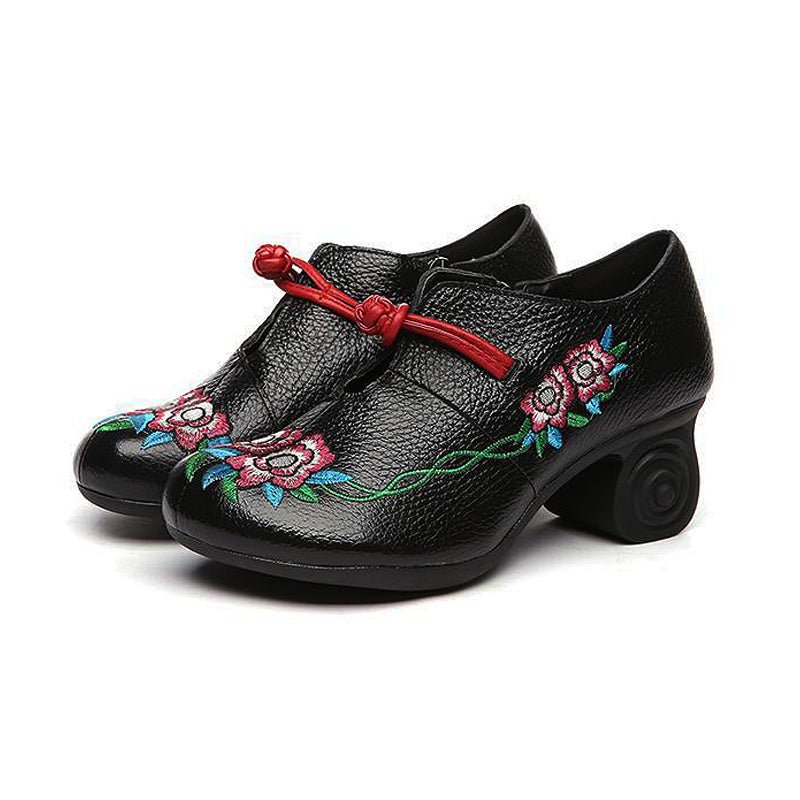 Embroidered Leather Pumps with Non-Slip Scroll Heel - Ideal Place Market