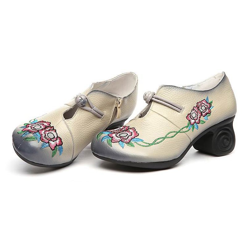 Embroidered Leather Pumps with Non-Slip Scroll Heel - Ideal Place Market