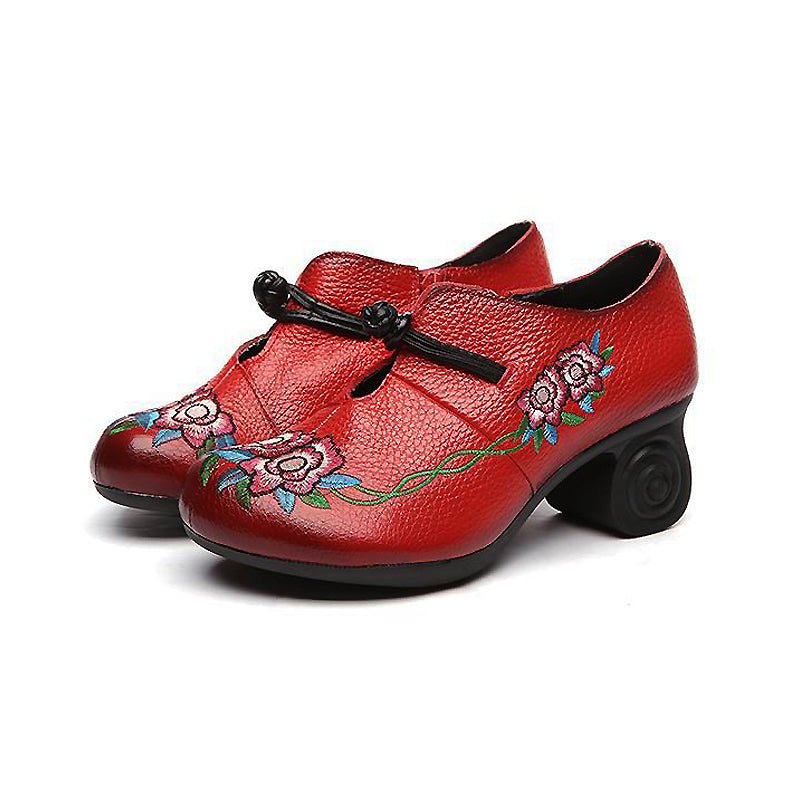 Embroidered Leather Pumps with Non-Slip Scroll Heel - Ideal Place Market