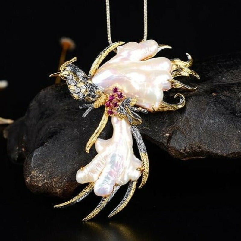 Exquisite Phoenix Necklace Pendant/Brooch with Freshwater Pearls and Tourmaline - Ideal Place Market