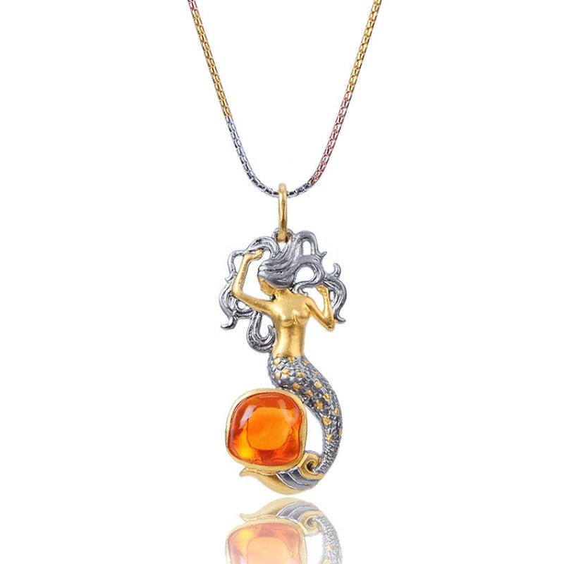 Fire Opal & Sterling Silver Mermaid Necklace Pendant/Brooch - Ideal Place Market