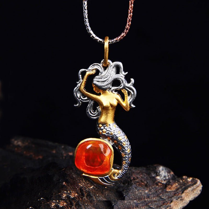 Fire Opal & Sterling Silver Mermaid Necklace Pendant/Brooch - Ideal Place Market