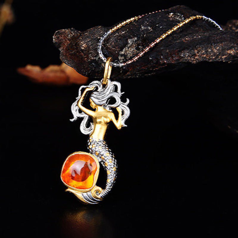 Fire Opal & Sterling Silver Mermaid Necklace Pendant/Brooch - Ideal Place Market