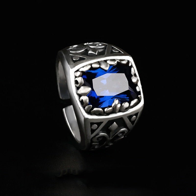 Fleur-de-lis Embellished S925 Silver Ring with Faceted Blue Crystal - Ideal Place Market