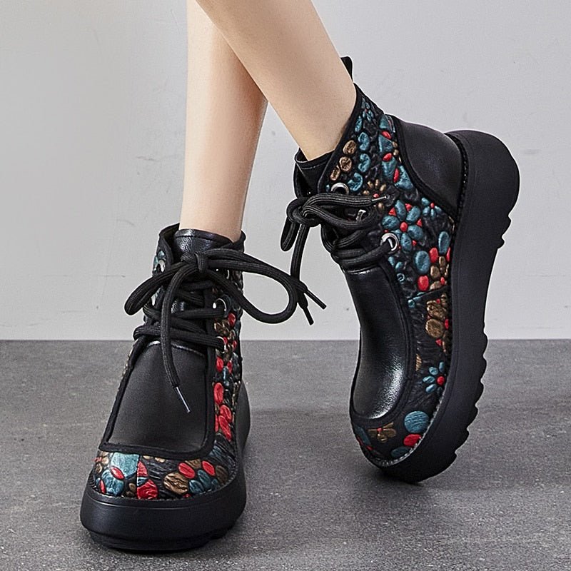 Floral Embossed Tanned Leather Low Platform Ankle Booties - Your Choice of Lining - Ideal Place Market