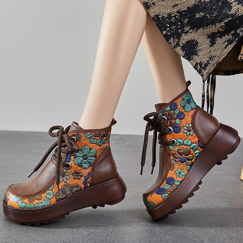 Floral Embossed Tanned Leather Low Platform Ankle Booties - Your Choice of Lining - Ideal Place Market