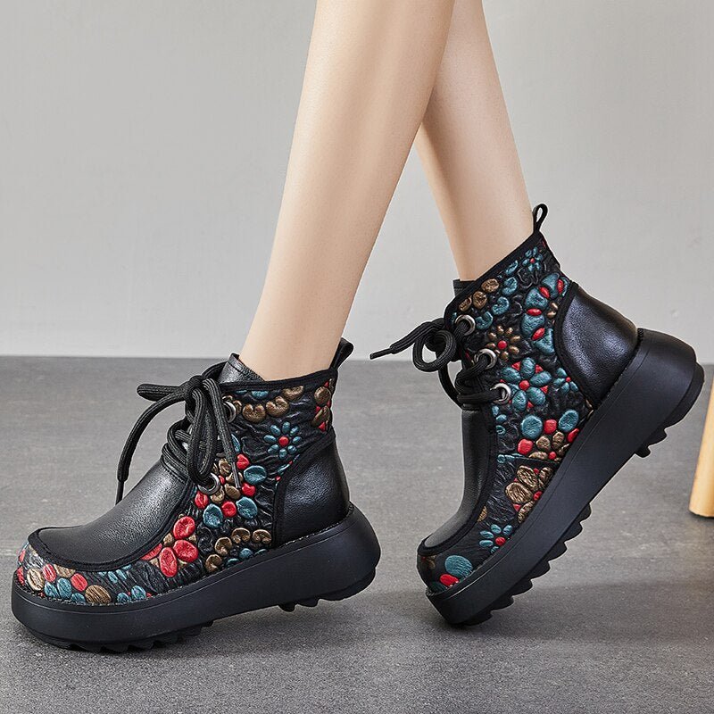 Floral Embossed Tanned Leather Low Platform Ankle Booties - Your Choice of Lining - Ideal Place Market