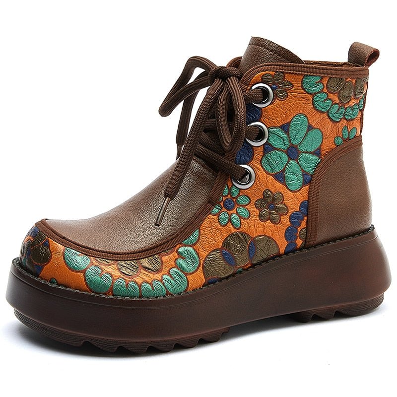 Floral Embossed Tanned Leather Low Platform Ankle Booties - Your Choice of Lining - Ideal Place Market