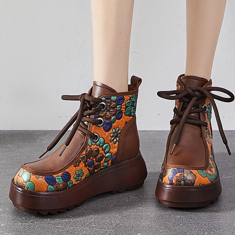 Floral Embossed Tanned Leather Low Platform Ankle Booties - Your Choice of Lining - Ideal Place Market