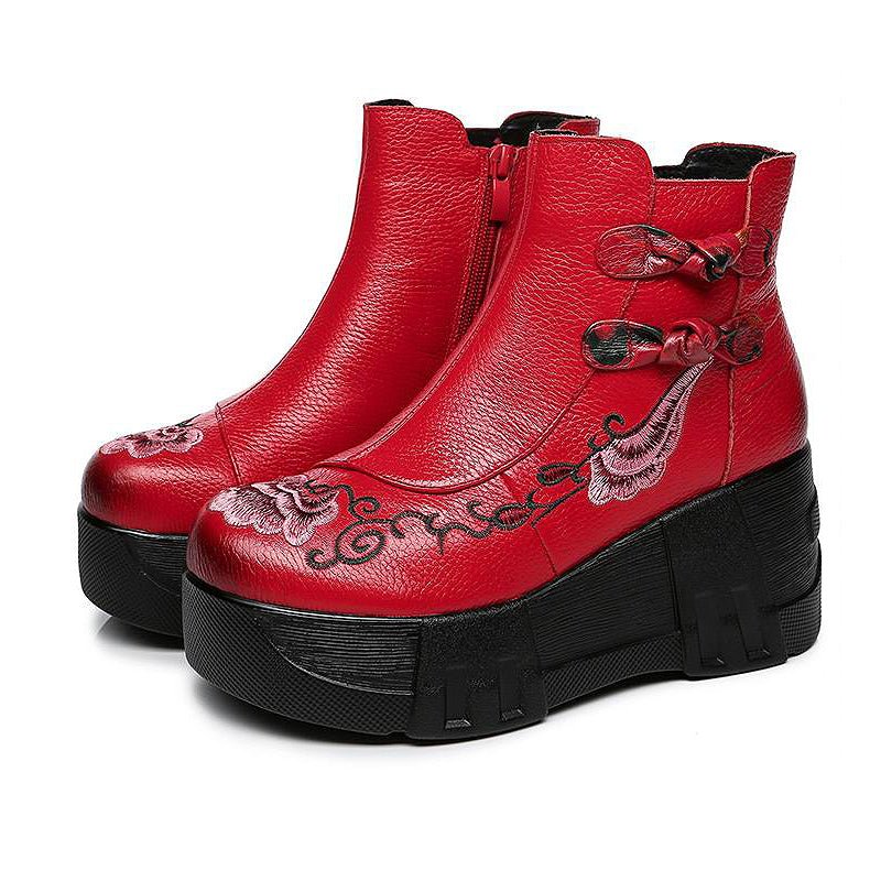 Floral Embroidered Pebble Leather Platform Ankle Boots - Ideal Place Market