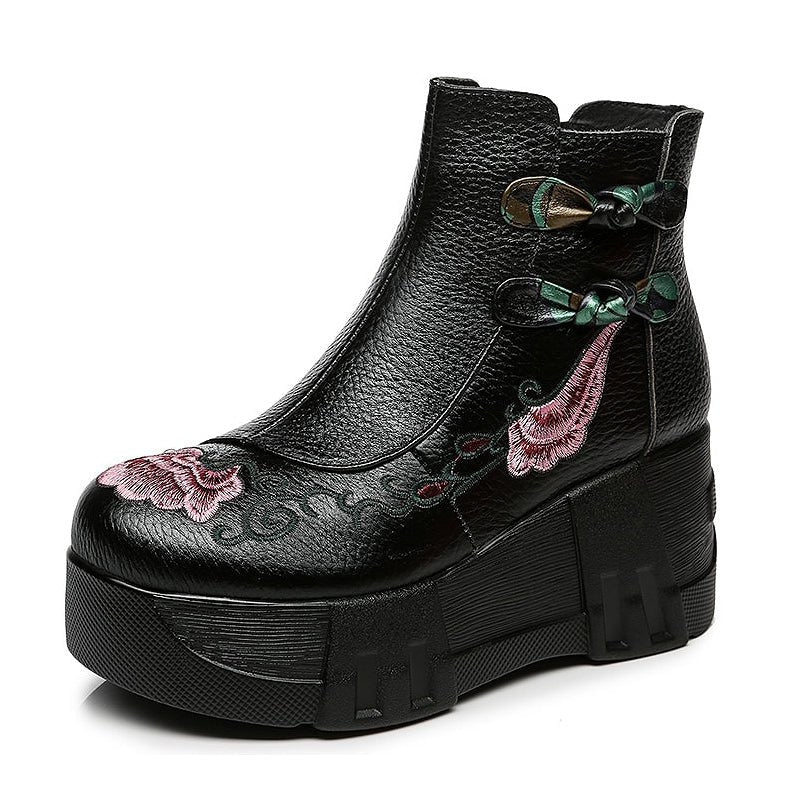 Floral Embroidered Pebble Leather Platform Ankle Boots - Ideal Place Market