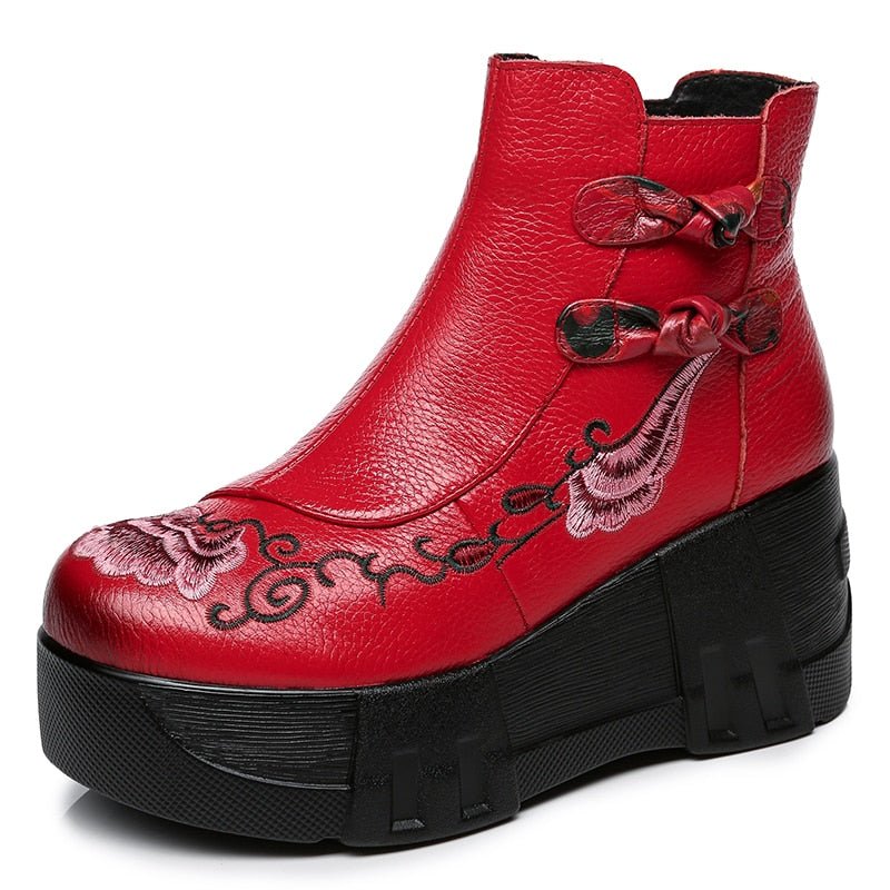 Floral Embroidered Pebble Leather Platform Ankle Boots - Ideal Place Market