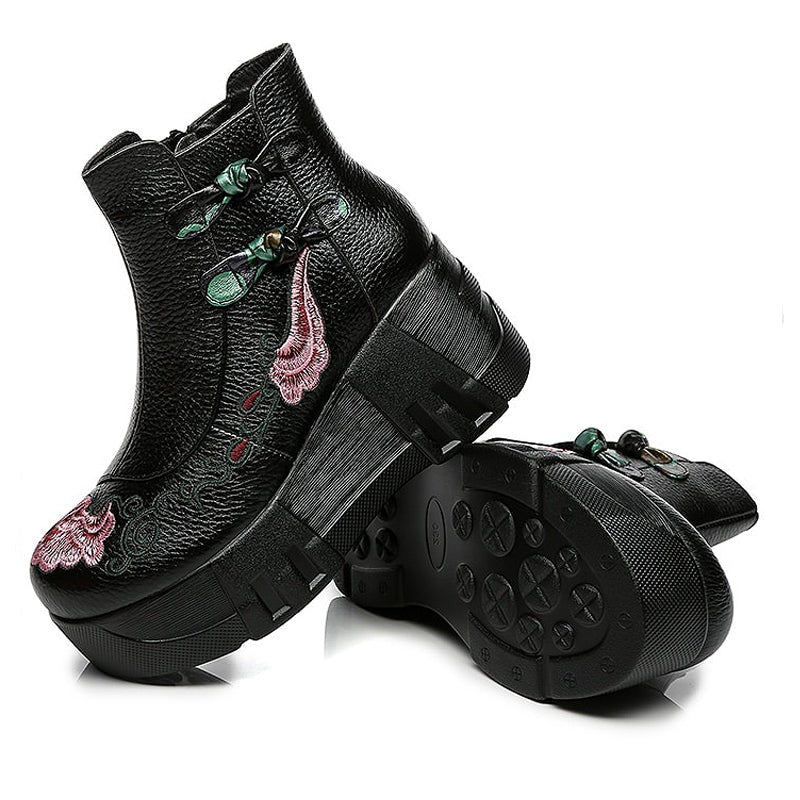 Floral Embroidered Pebble Leather Platform Ankle Boots - Ideal Place Market