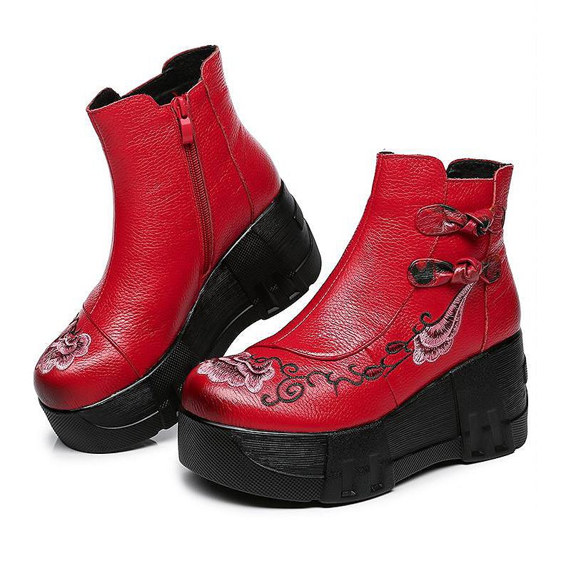 Floral Embroidered Pebble Leather Platform Ankle Boots - Ideal Place Market