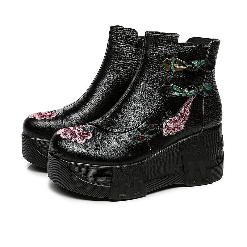 Floral Embroidered Pebble Leather Platform Ankle Boots - Ideal Place Market