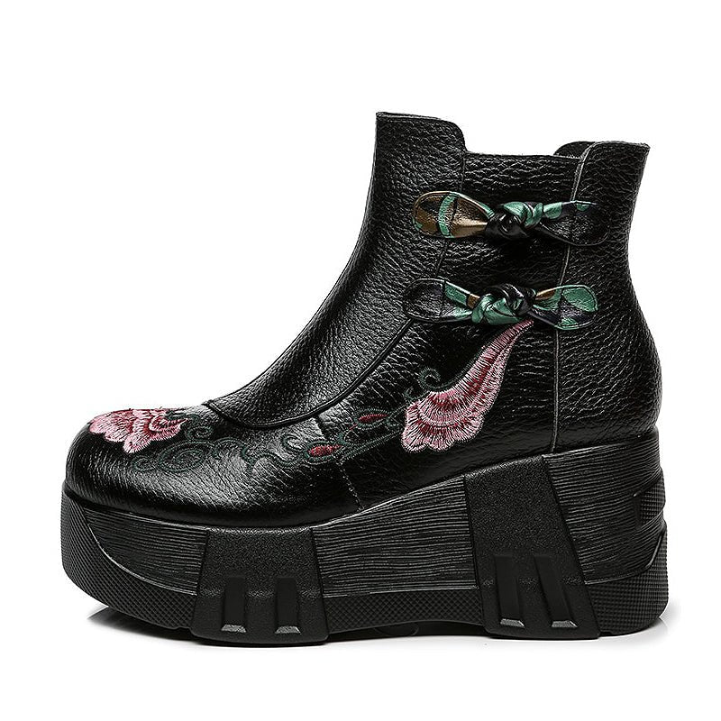 Floral Embroidered Pebble Leather Platform Ankle Boots - Ideal Place Market