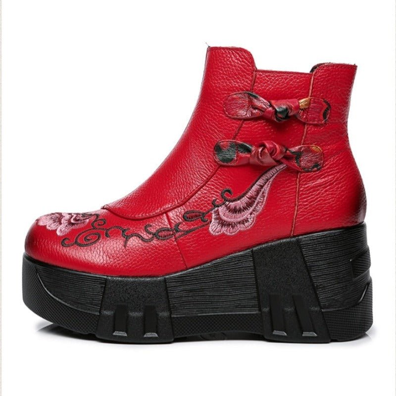 Floral Embroidered Pebble Leather Platform Ankle Boots - Ideal Place Market