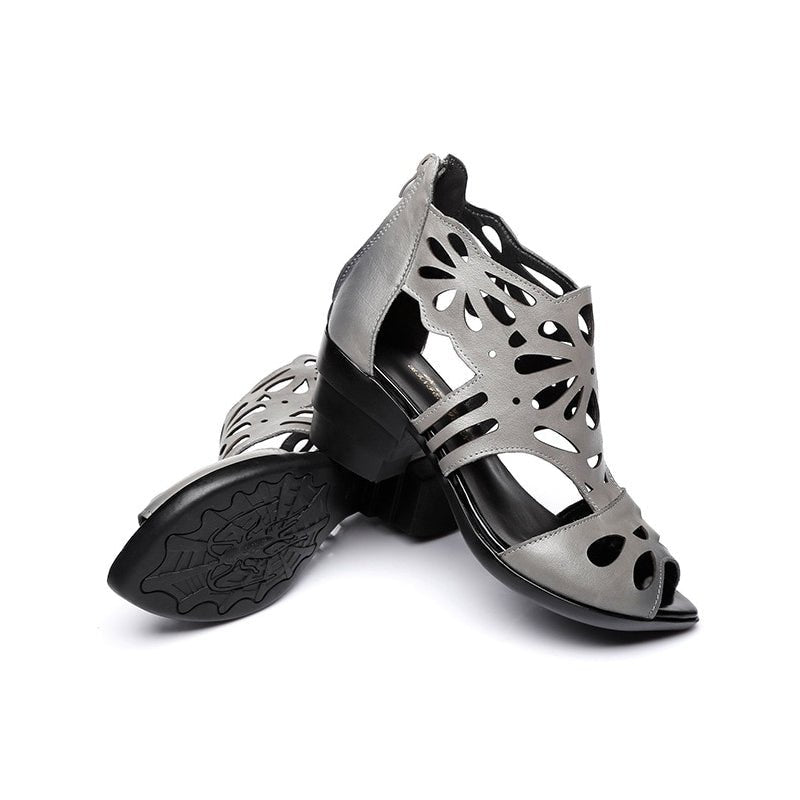 Floral Etched Cowhide Non-Slip Roman Sandals - Ideal Place Market