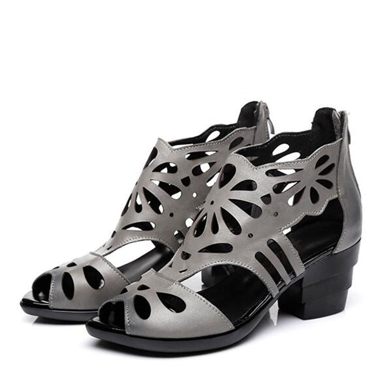 Floral Etched Cowhide Non-Slip Roman Sandals - Ideal Place Market