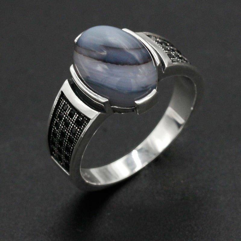 Genuine Agate & Black Zircon Ring in S925 Silver - Ideal Place Market