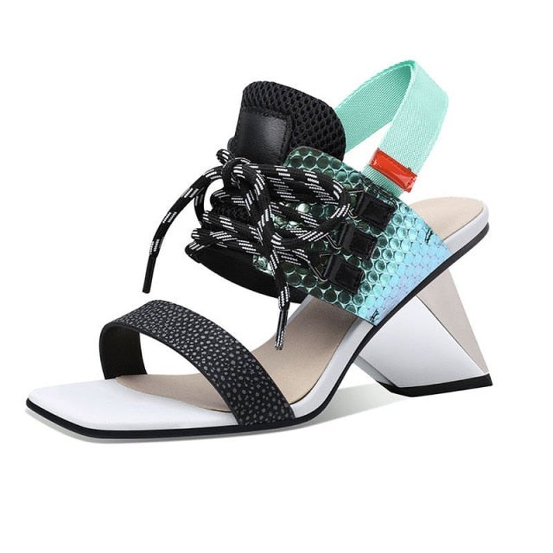 Genuine Leather Cowhide & Mesh Sandals with Severe Chiseled Heel - Ideal Place Market