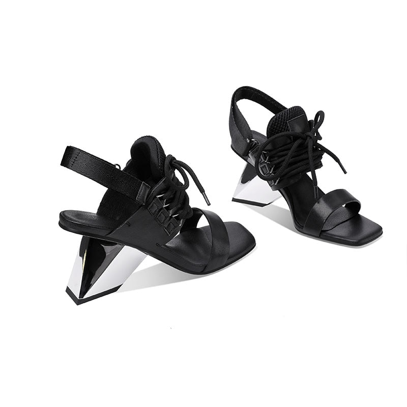 Genuine Leather Cowhide & Mesh Sandals with Severe Chiseled Heel - Ideal Place Market