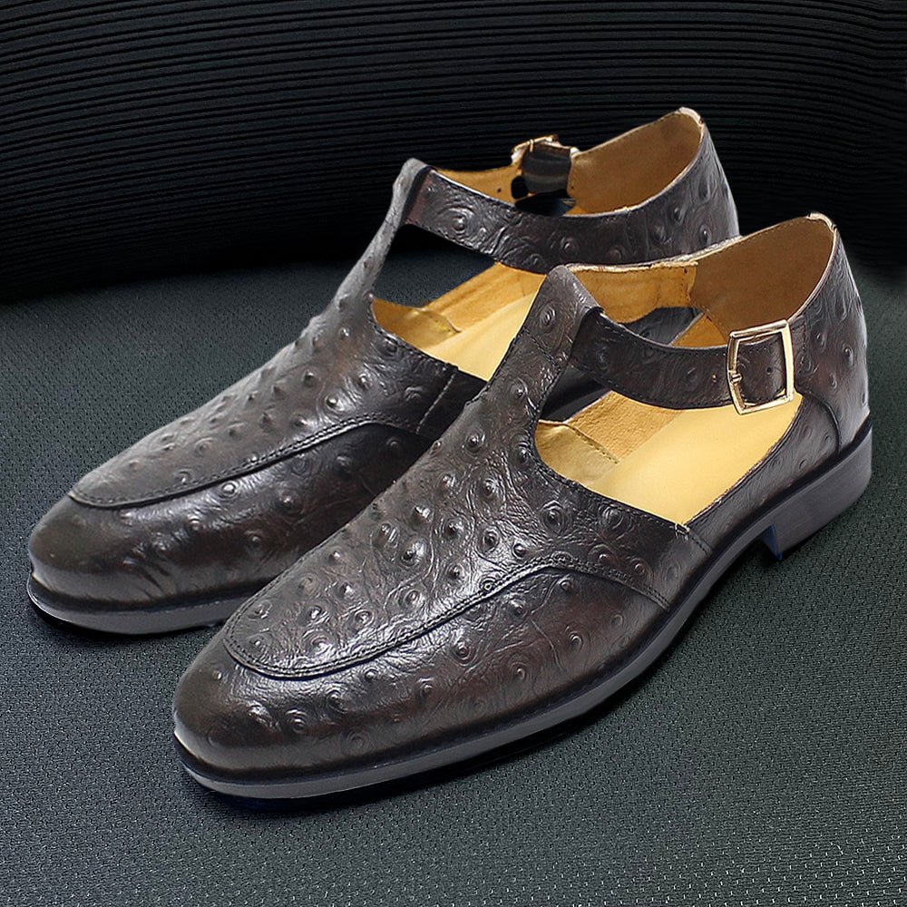 Genuine Leather Buckled Ostrich Pattern Sandals - Ideal Place Market