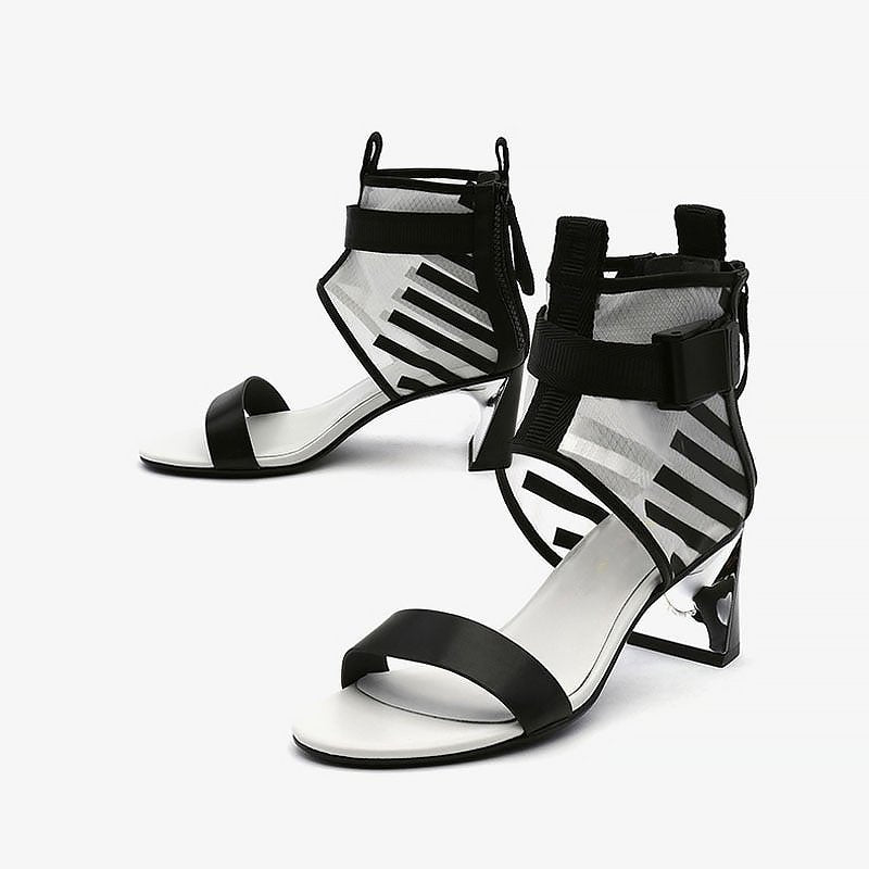 Genuine Leather & Mesh Clear Mid-Heel Gladiator Sandals - Ideal Place Market