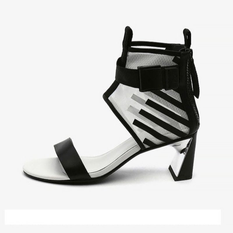 Genuine Leather & Mesh Clear Mid-Heel Gladiator Sandals - Ideal Place Market