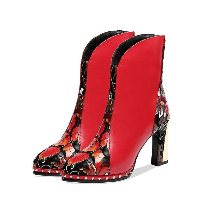 Genuine Leather Vibrant Floral High Gold Heeled Booties with Riveted Edge - Ideal Place Market