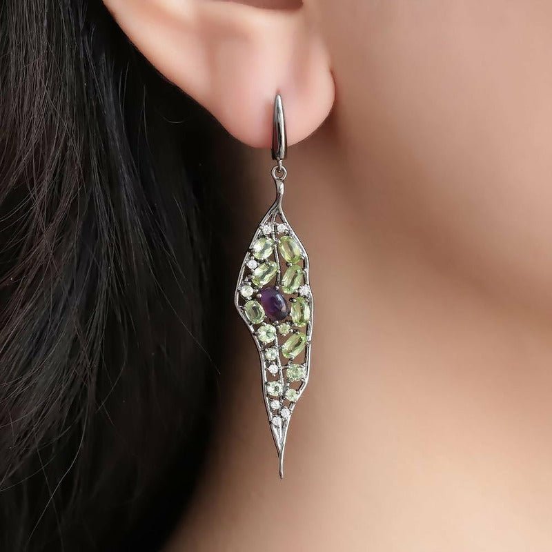 Genuine Peridot & Amethyst Silver Drop Earrings - Ideal Place Market