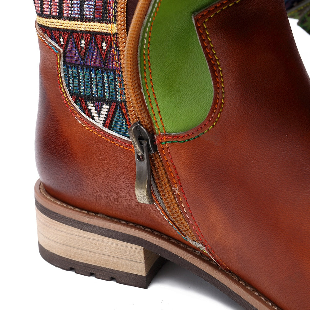 Genuine Tanned Leather Patchwork Round Toe Boots