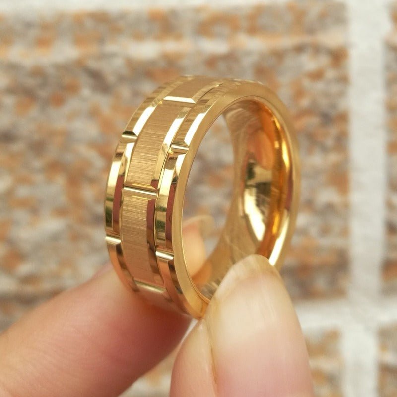 Golden Tungsten Beveled Brick Pattern Ring - Ideal Place Market