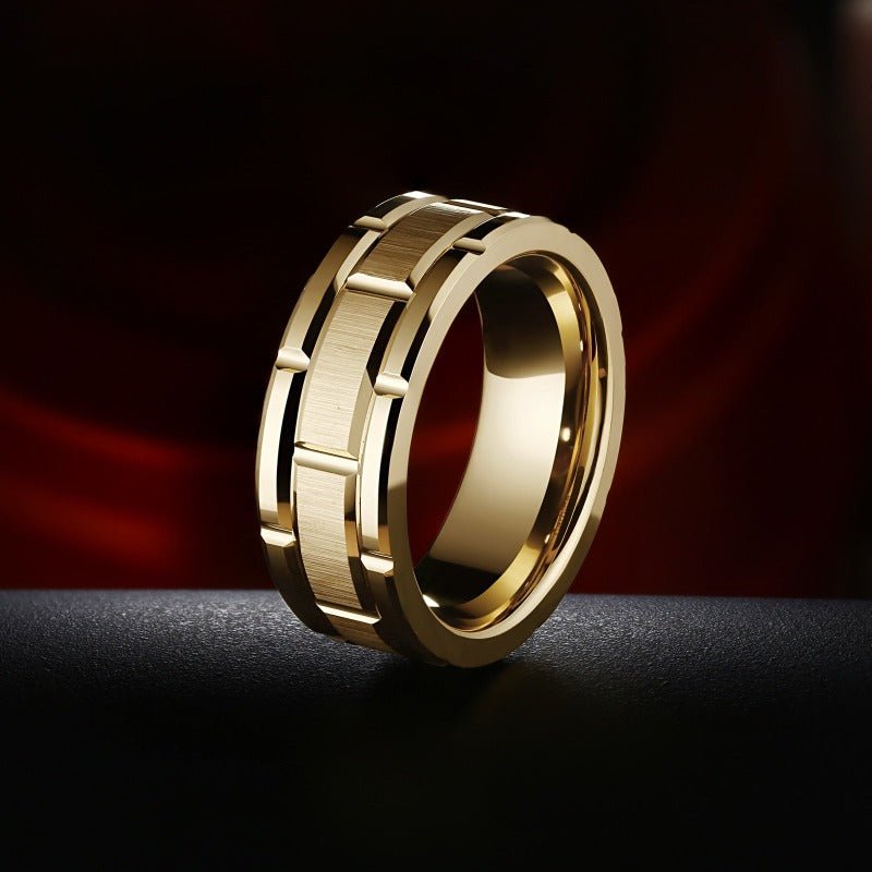 Golden Tungsten Beveled Brick Pattern Ring - Ideal Place Market