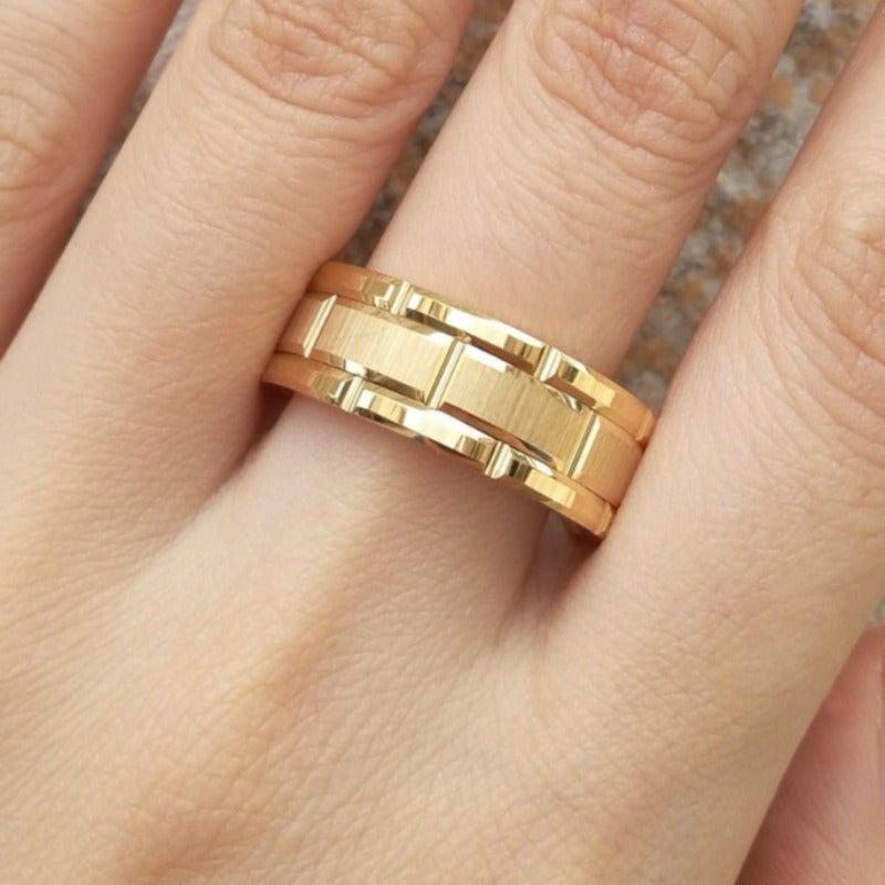 Golden Tungsten Beveled Brick Pattern Ring - Ideal Place Market