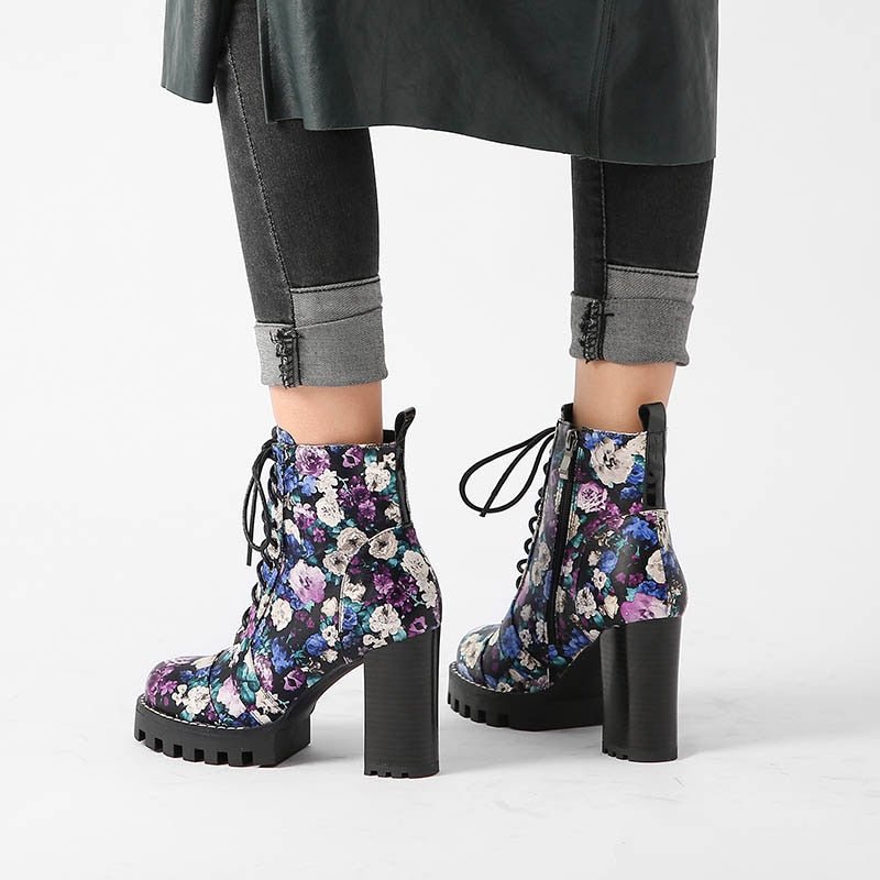 Gorgeous Handmade Purple Floral Leather High Heel Lace-Up Booties - Ideal Place Market