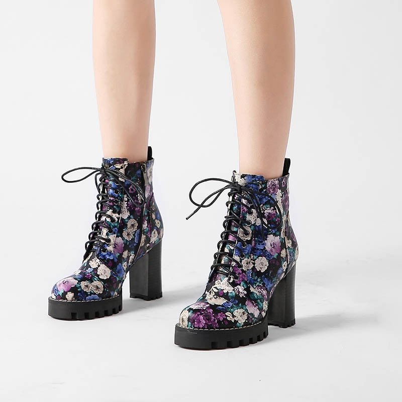 Gorgeous Handmade Purple Floral Leather High Heel Lace-Up Booties - Ideal Place Market