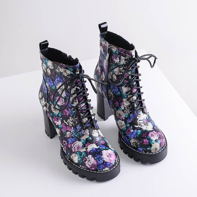 Gorgeous Handmade Purple Floral Leather High Heel Lace-Up Booties - Ideal Place Market