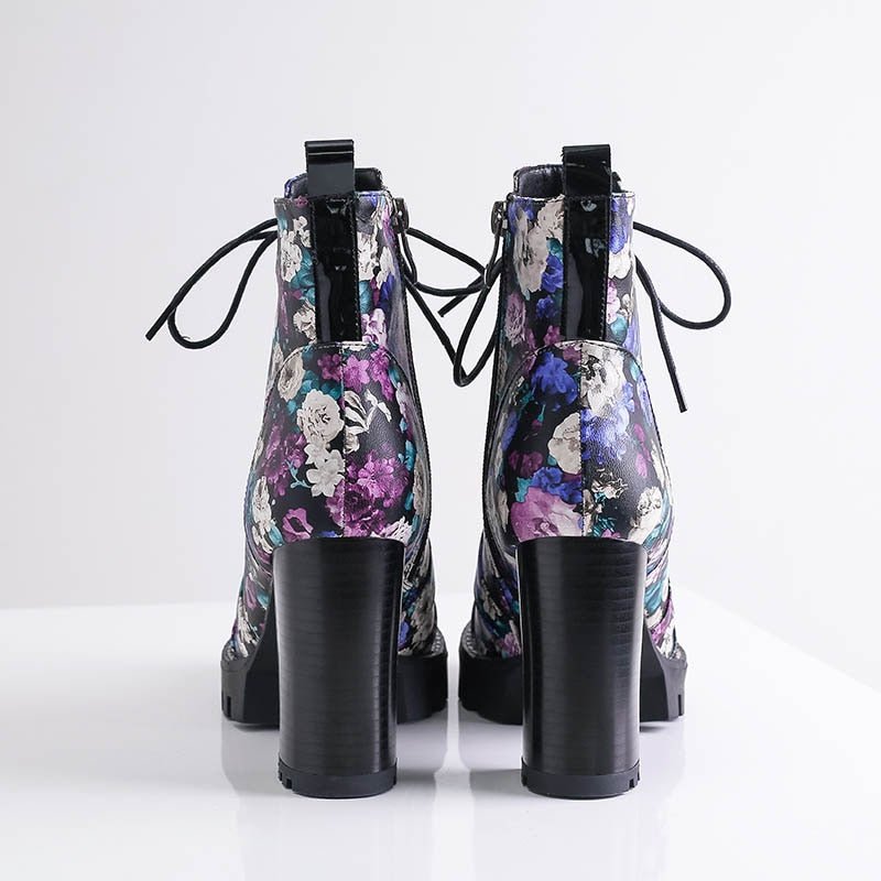 Gorgeous Handmade Purple Floral Leather High Heel Lace-Up Booties - Ideal Place Market