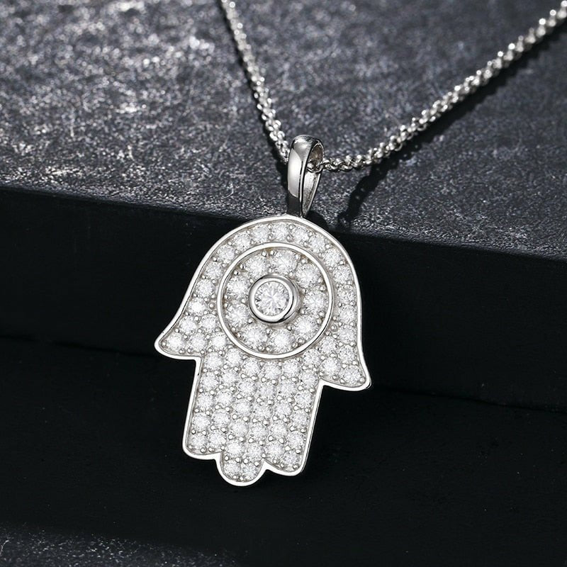 Hamsa Hand in 925 Silver & Moissanite Pendant Necklace - Ideal Place Market