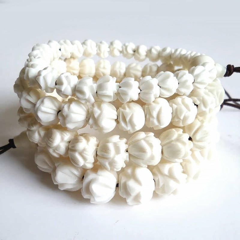 Hand Carved White Yak Bone Lotus Beaded Bracelet - Ideal Place Market