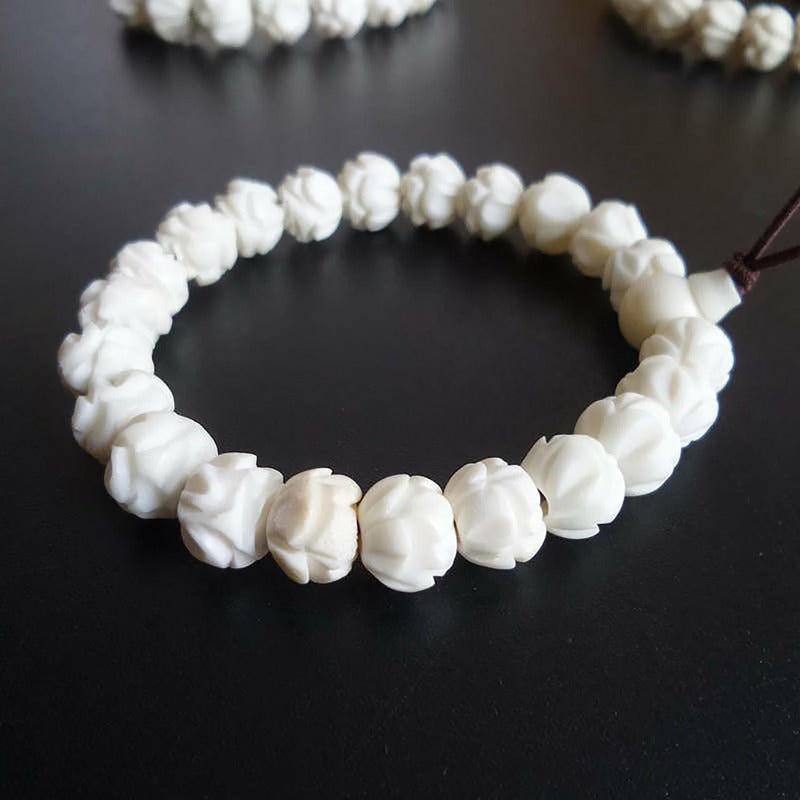 Hand Carved White Yak Bone Lotus Beaded Bracelet - Ideal Place Market