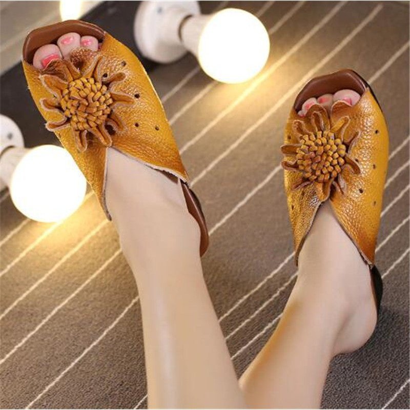 Hand-Cut Supple Tanned Leather Abstract Floral Summer Slipper Sandals - Ideal Place Market