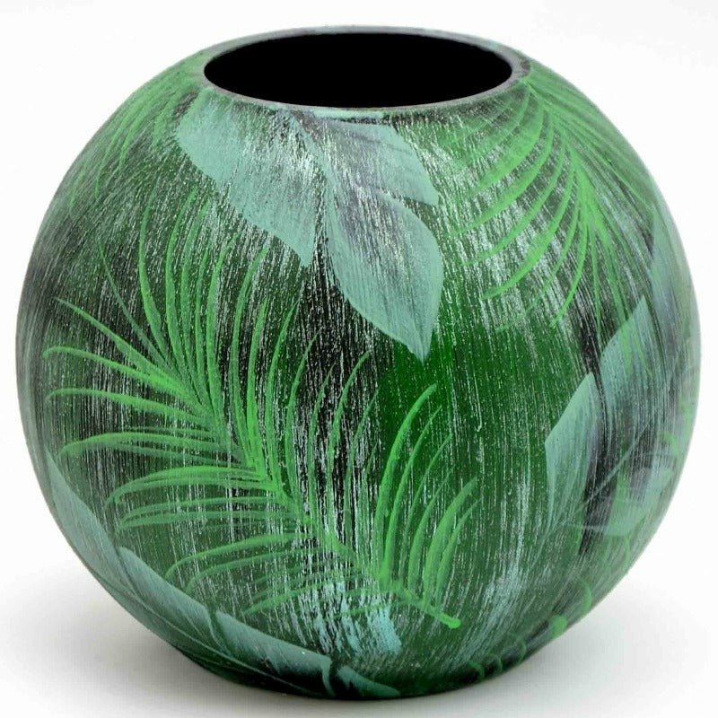 Hand-Painted Green Fronds 6 Inch Round Glass Vase - Ideal Place Market