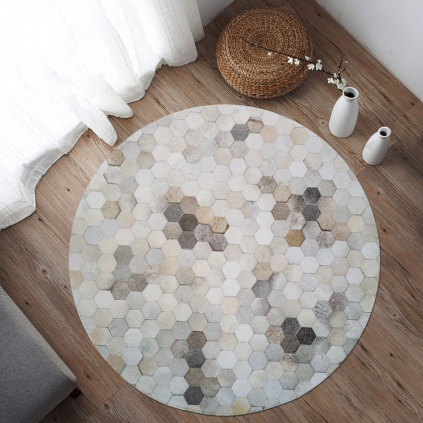 Hand Stitched Hex Patterned Round Cowhide Rug - Ideal Place Market