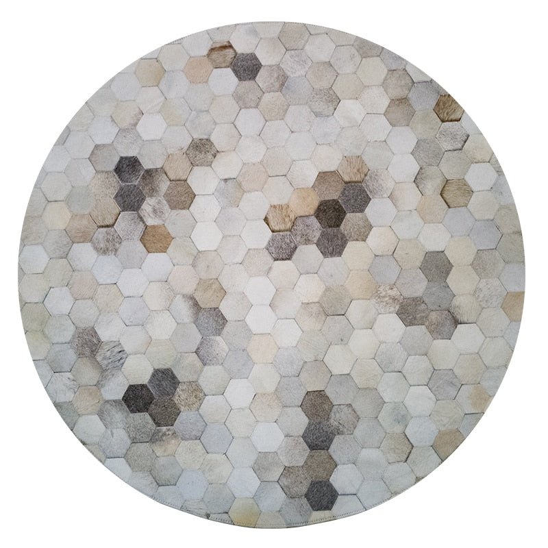 Hand Stitched Hex Patterned Round Cowhide Rug - Ideal Place Market